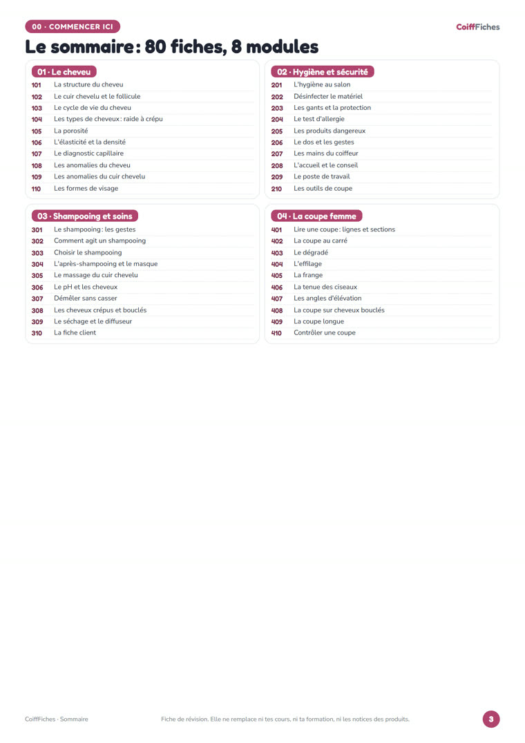 Le sommaire des 80 fiches de CoiffFiches